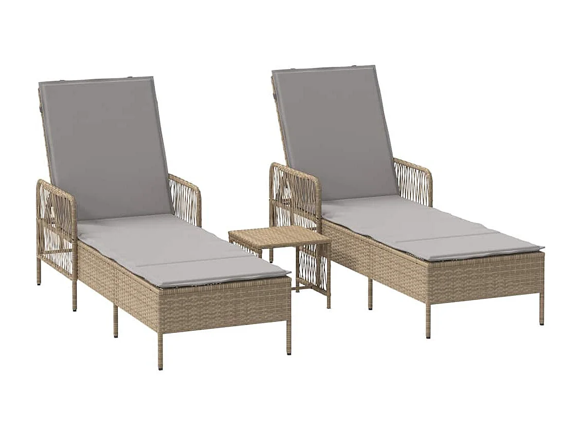 Poltrone da giardino - 2 pezzi con cuscini e tavolo in polyrattan beige.
