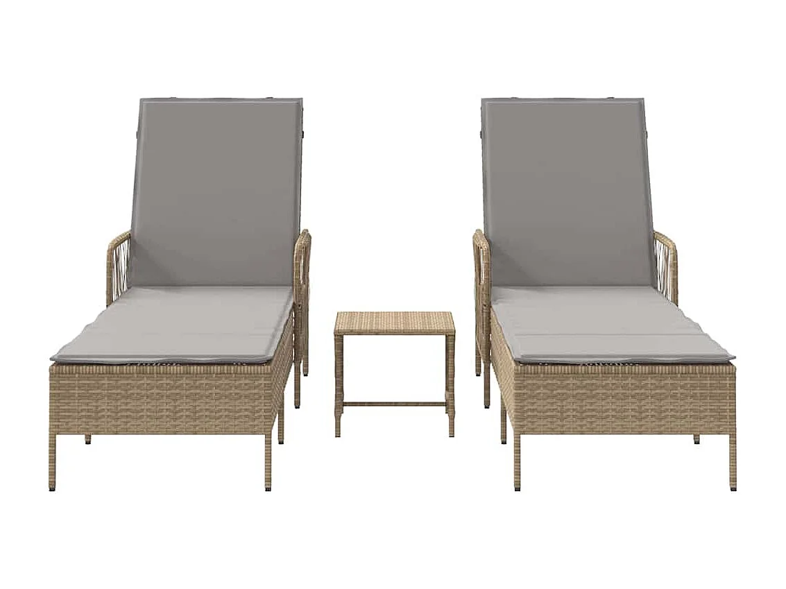 Poltrone da giardino - 2 pezzi con cuscini e tavolo in polyrattan beige.