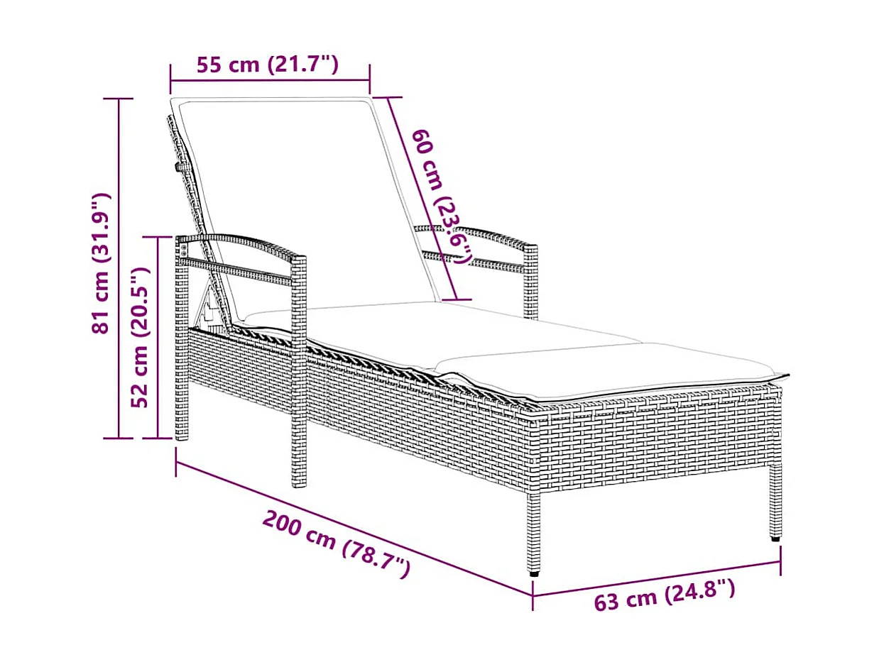 Chaise Longue met kussen, grijs, 63 x 200 x 81 cm, polyrotan (alleen VS)
