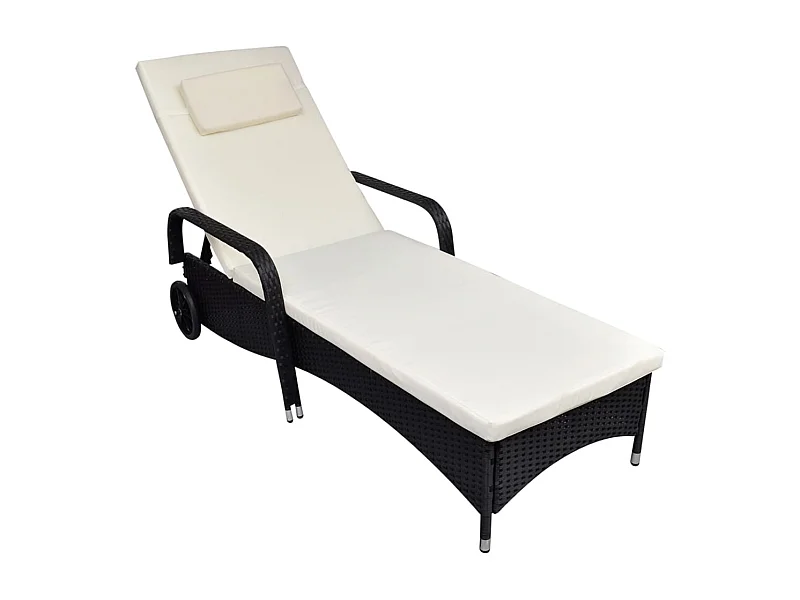 Chaise longue met kussen en wielen Zwarte geweven hars