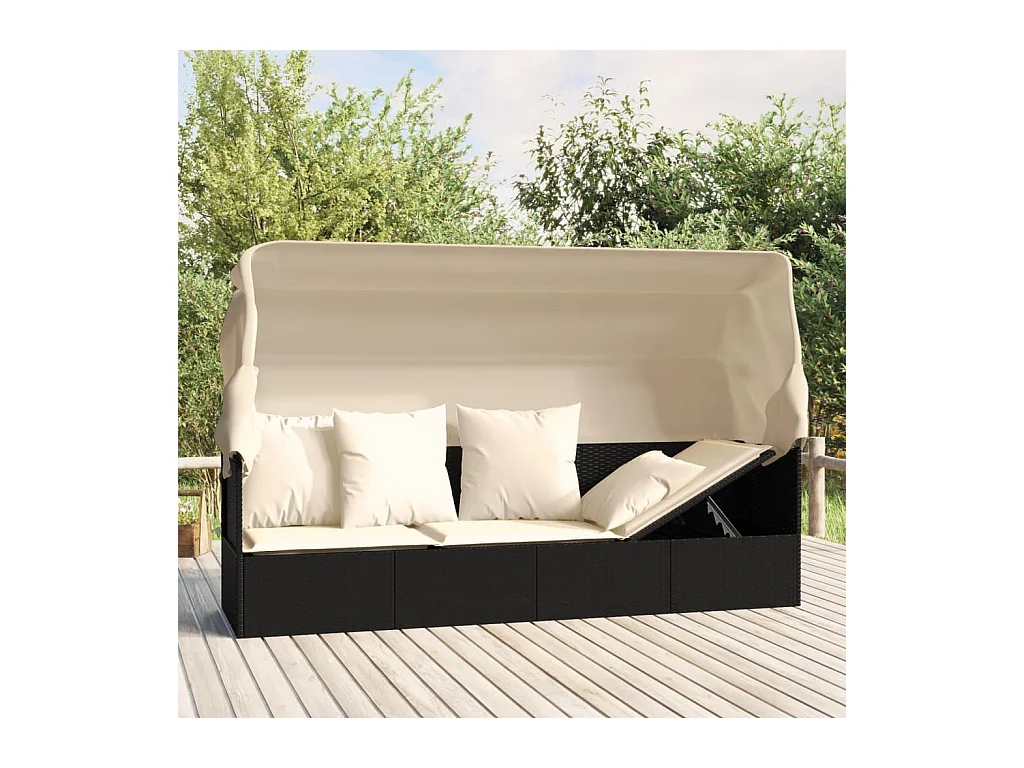 Lit de salon d'extérieur toit et coussins Noir Résine tressée