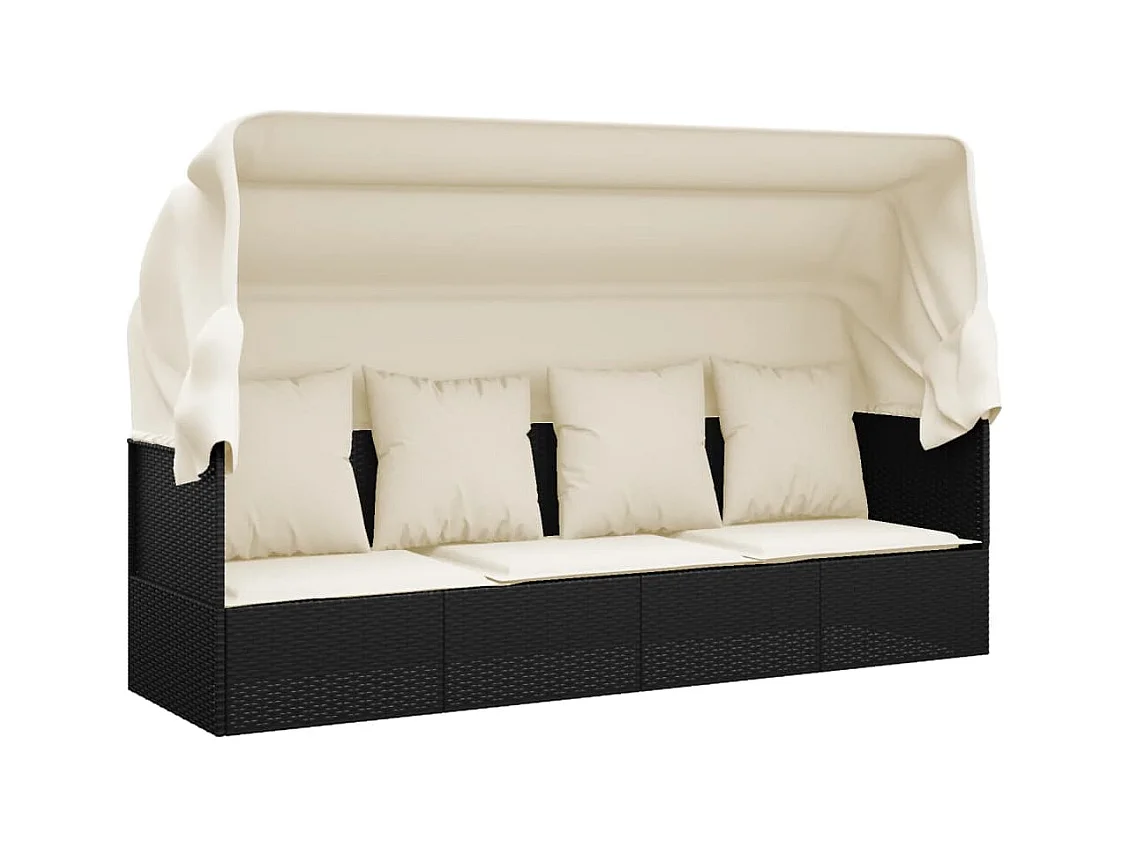 Lit de salon d'extérieur toit et coussins Noir Résine tressée