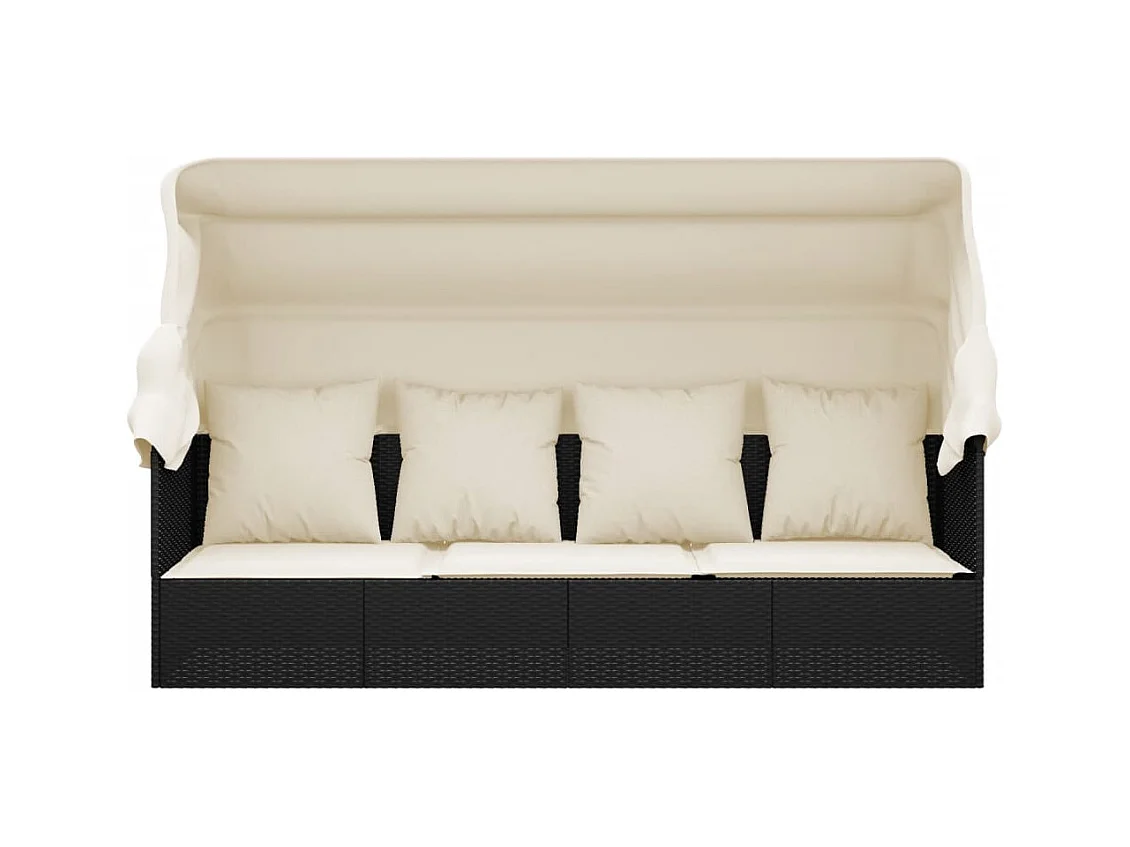 Lit de salon d'extérieur toit et coussins Noir Résine tressée