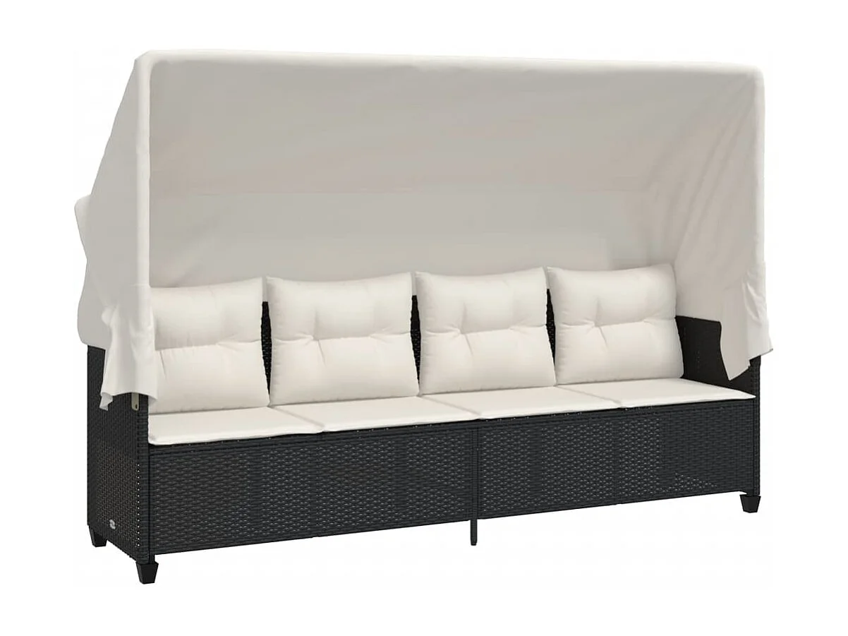 Poltrona con tenda da sole e cuscini in resina intrecciata nera