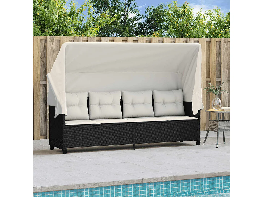 Poltrona con tenda da sole e cuscini in resina intrecciata nera