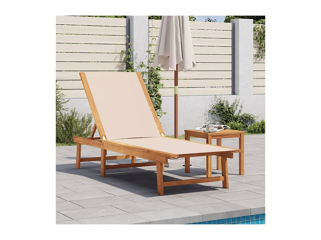 Crèmekleurige chaise longue van massief acaciahout en textileen