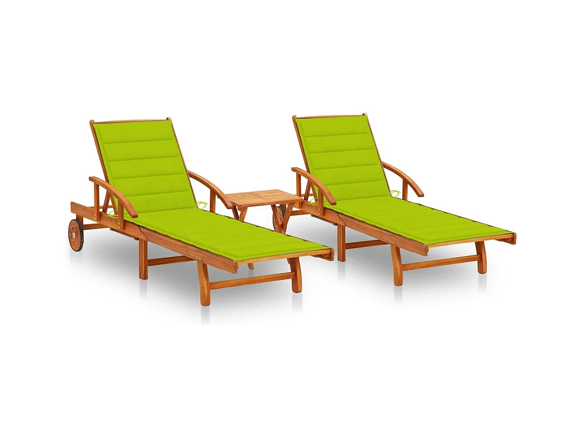 Chaises longues lot de 2 avec table et coussins Acacia solide