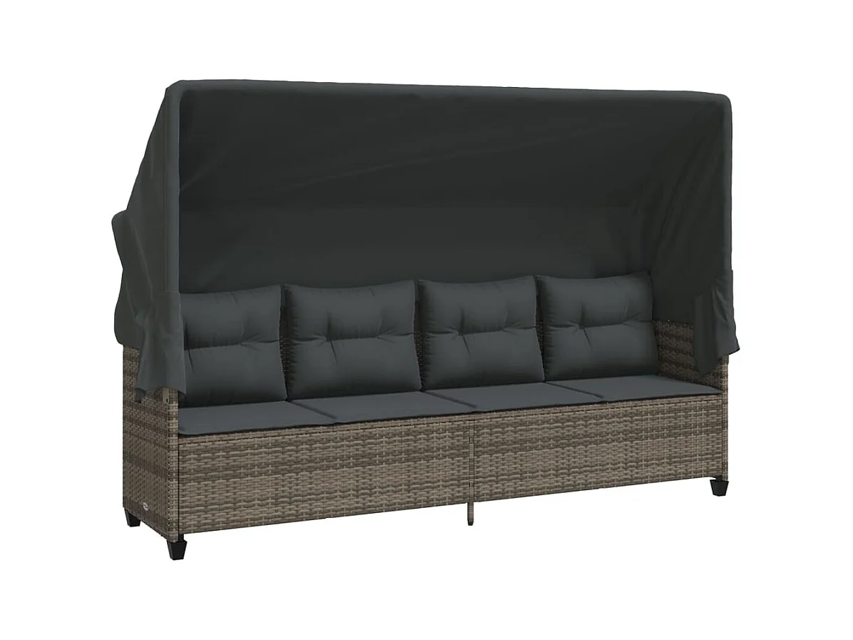 Chaise longue met zonnescherm en grijze geweven harskussens