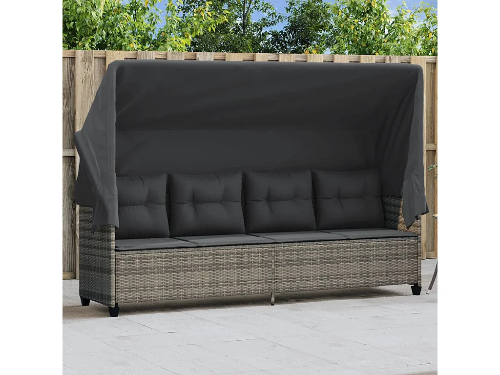 Chaise longue con tenda da sole e cuscini in resina intrecciata grigia