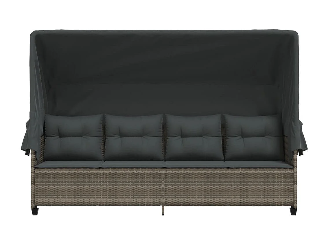 Chaise longue con tenda da sole e cuscini in resina intrecciata grigia