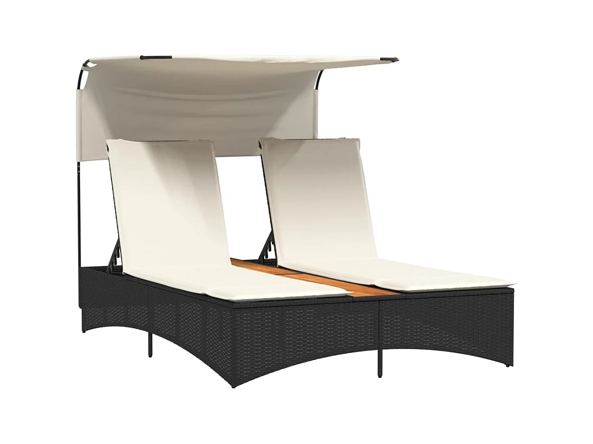 Dubbele chaise longue met zonnescherm en zwarte rieten kussens