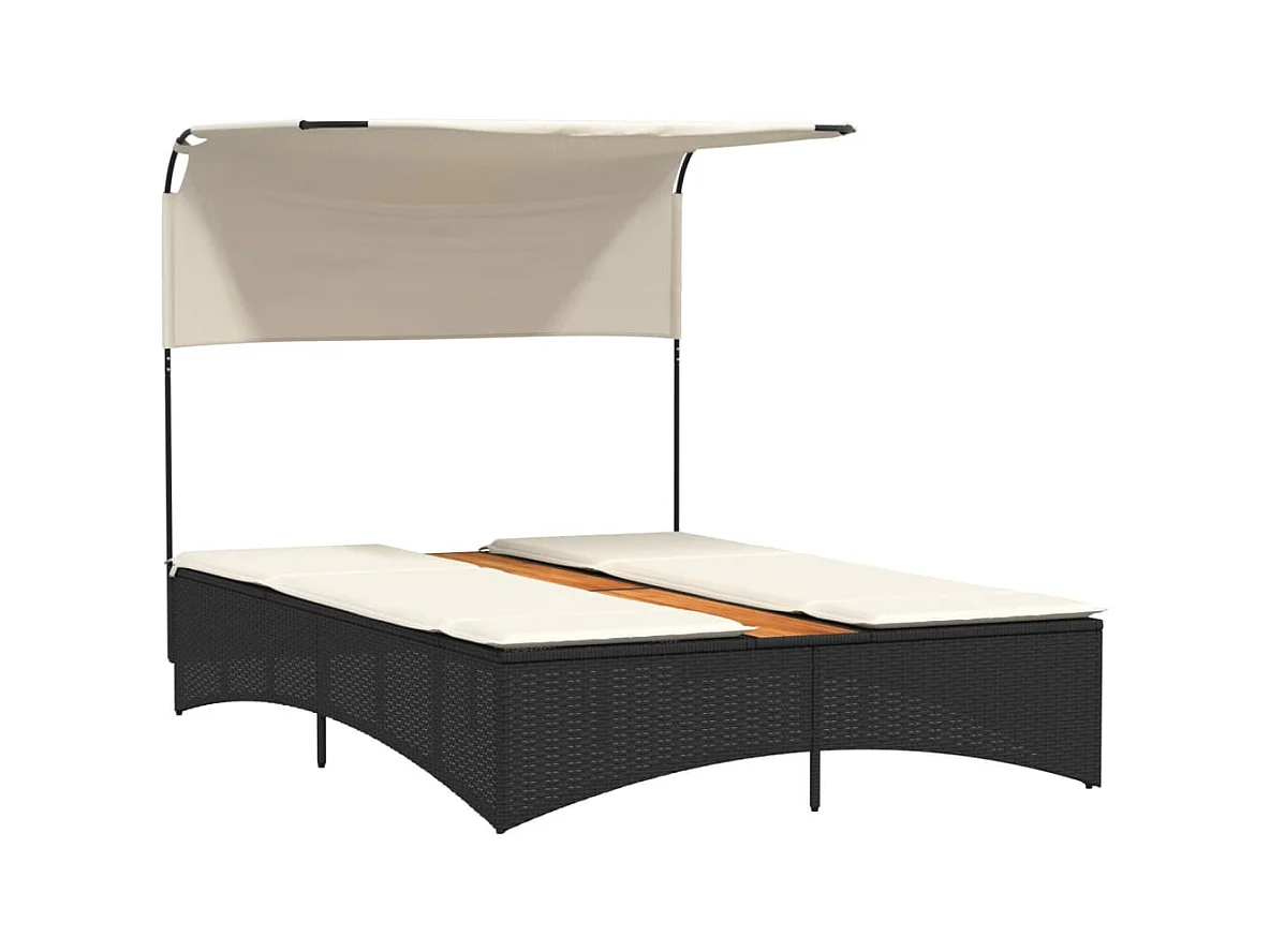 Dubbele chaise longue met zonnescherm en zwarte rieten kussens