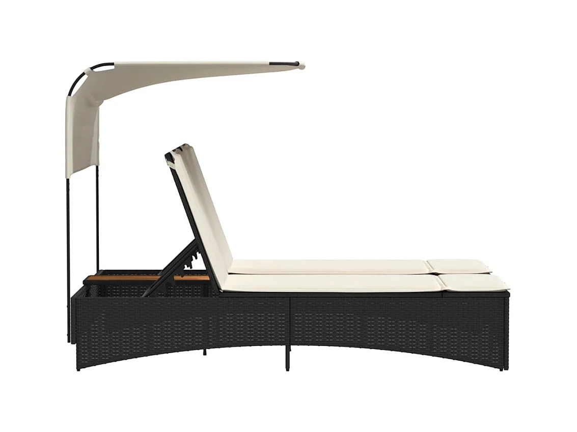 Dubbele chaise longue met zonnescherm en zwarte rieten kussens