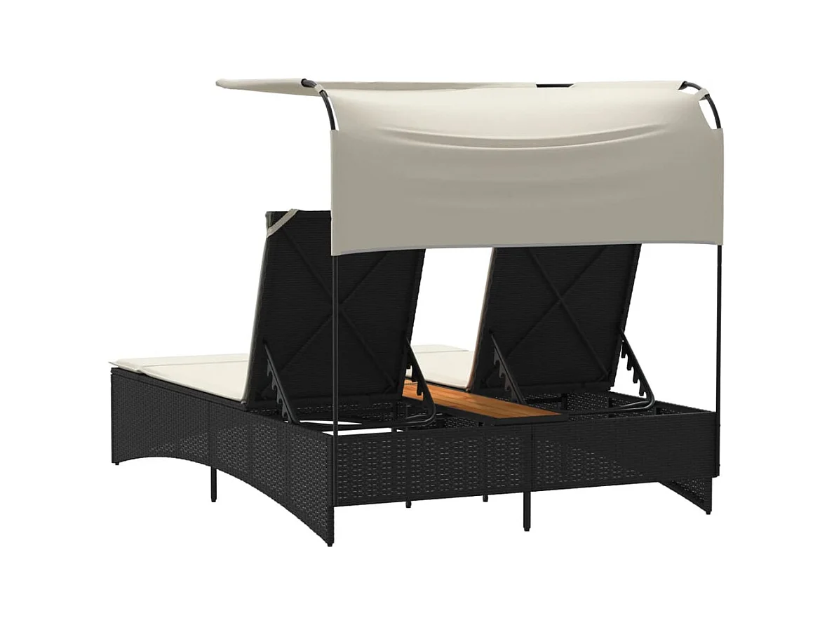 Dubbele chaise longue met zonnescherm en zwarte rieten kussens