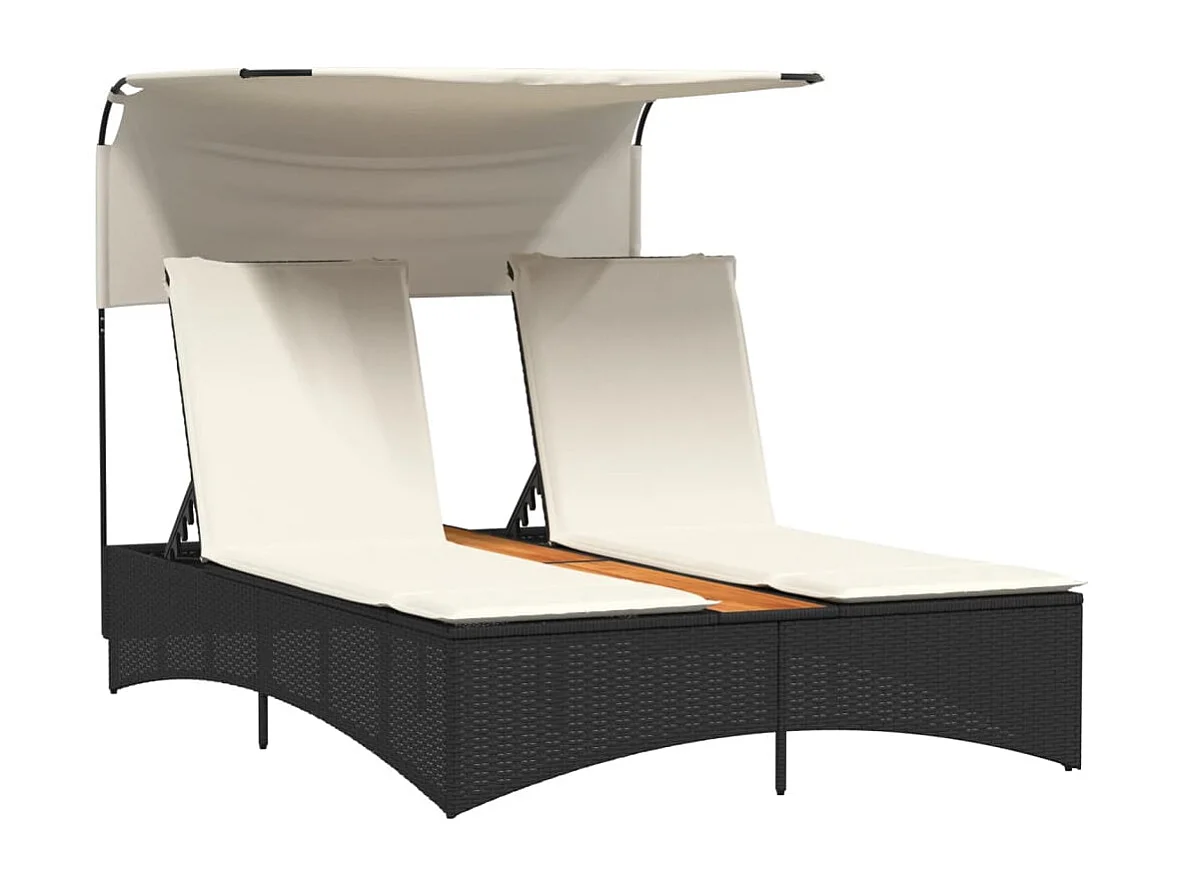 Chaise longue doppia con tenda da sole e cuscini in vimini nero