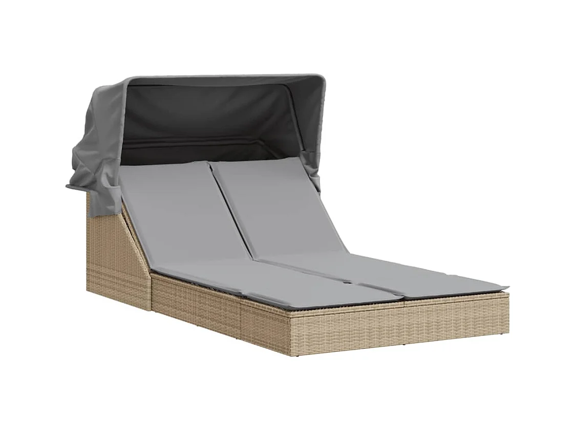 Doppel-Chaiselongue mit Baldachin und beigen Polyrattan-Kissen