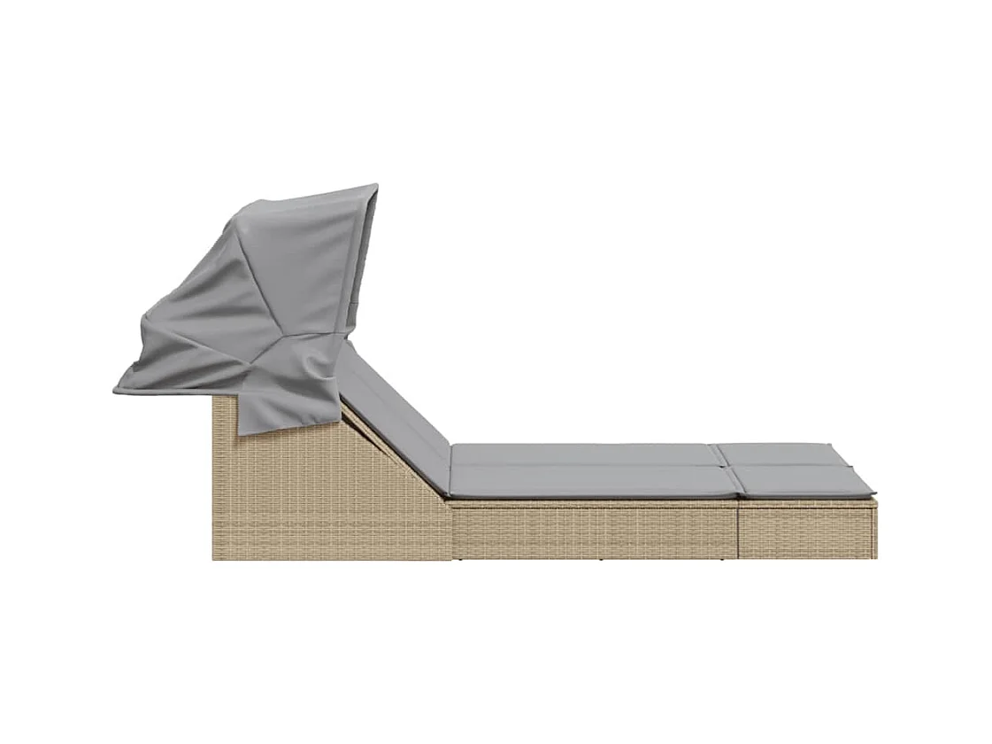 Doppel-Chaiselongue mit Baldachin und beigen Polyrattan-Kissen