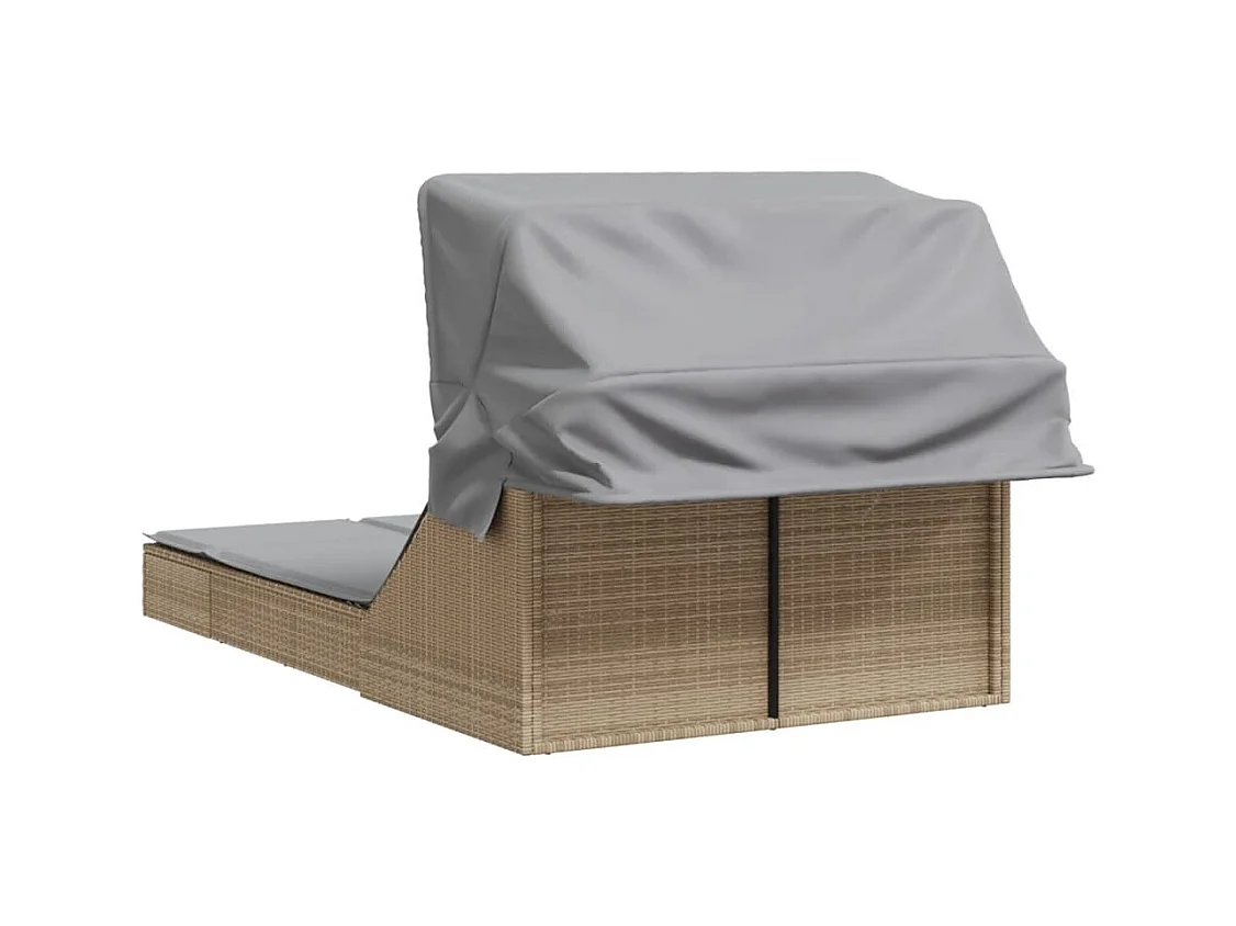 Doppel-Chaiselongue mit Baldachin und beigen Polyrattan-Kissen