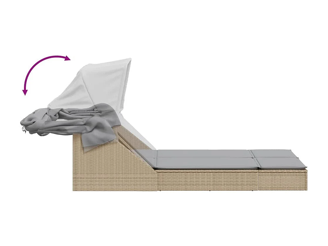 Doppel-Chaiselongue mit Baldachin und beigen Polyrattan-Kissen