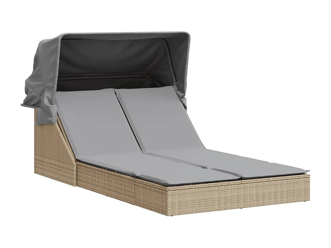 Chaise longue doppia con baldacchino e cuscini in polyrattan beige