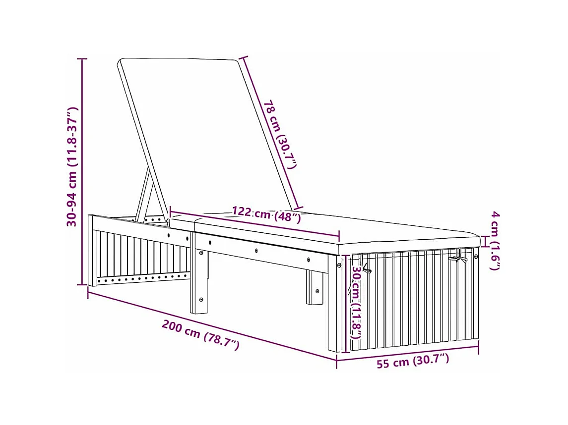 Chaise longue con cuscino, 200 x 55 x 30 cm, in legno di acacia
