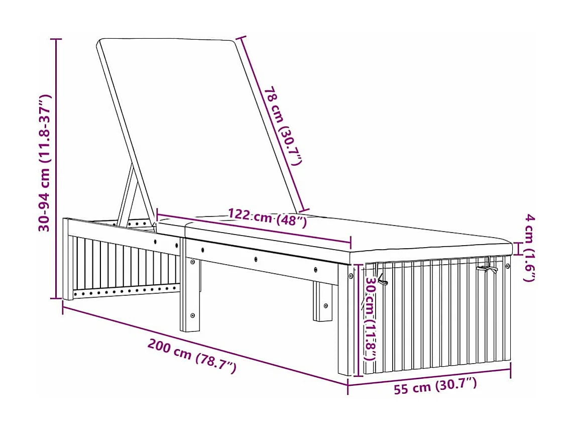 Chaise longue con cuscino, 200 x 55 x 30 cm, in legno di acacia