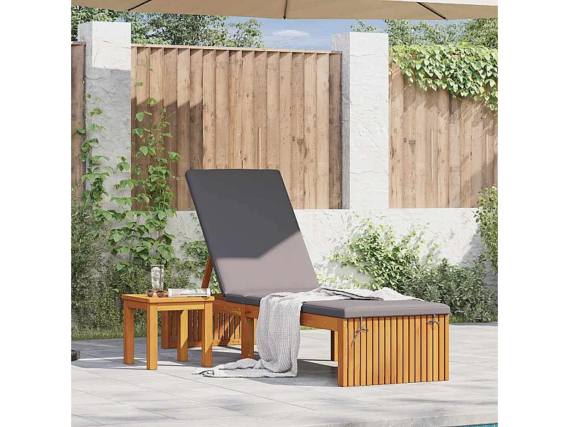 Chaise longue avec coussin, 200 x 55 x 30 cm, en bois d'acacia