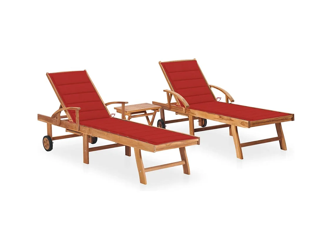 Set van 2 loungestoelen met tafel en kussen. Massief teakhout.