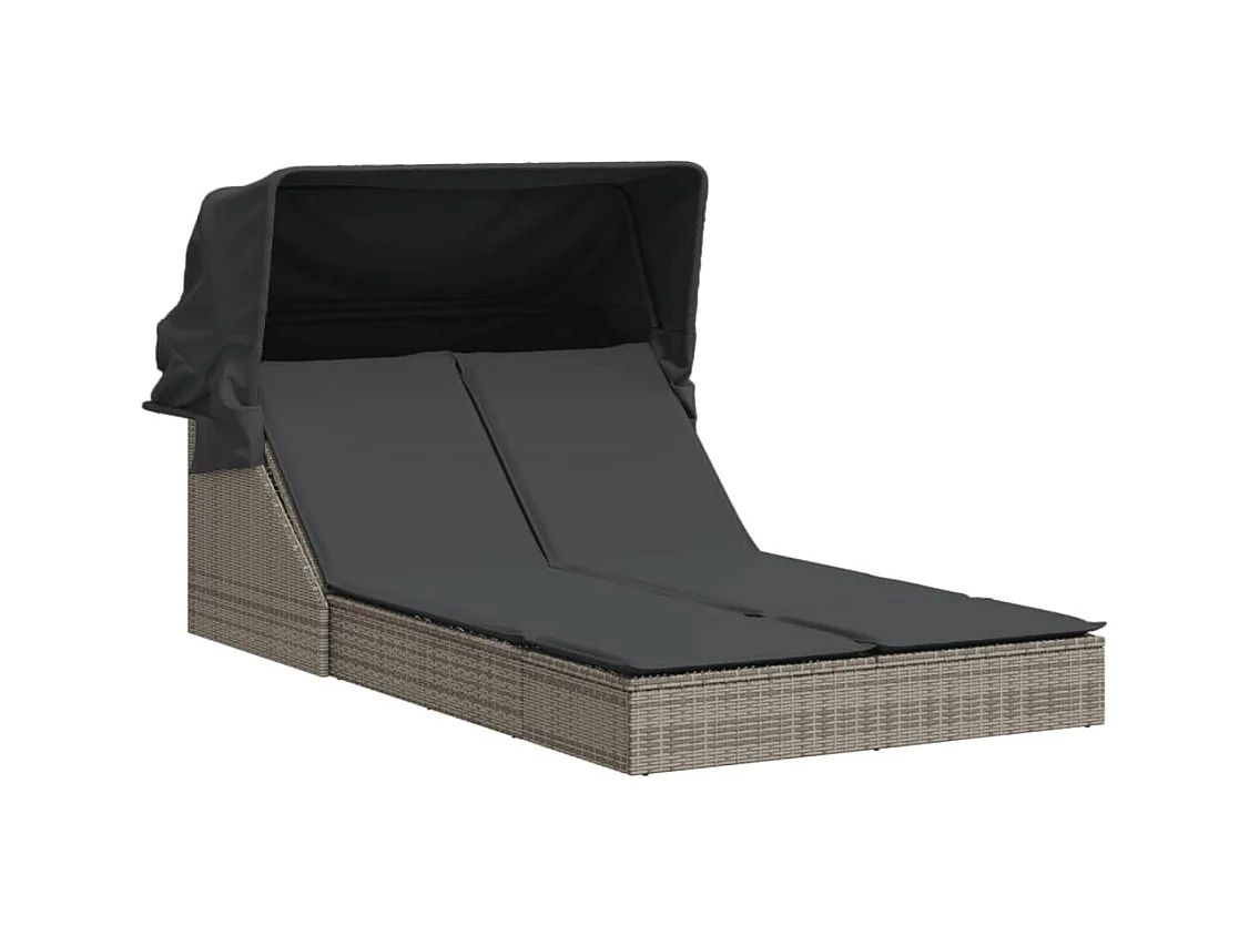 Dubbele chaise longue met zonnescherm en grijze kunsthars rieten kussens