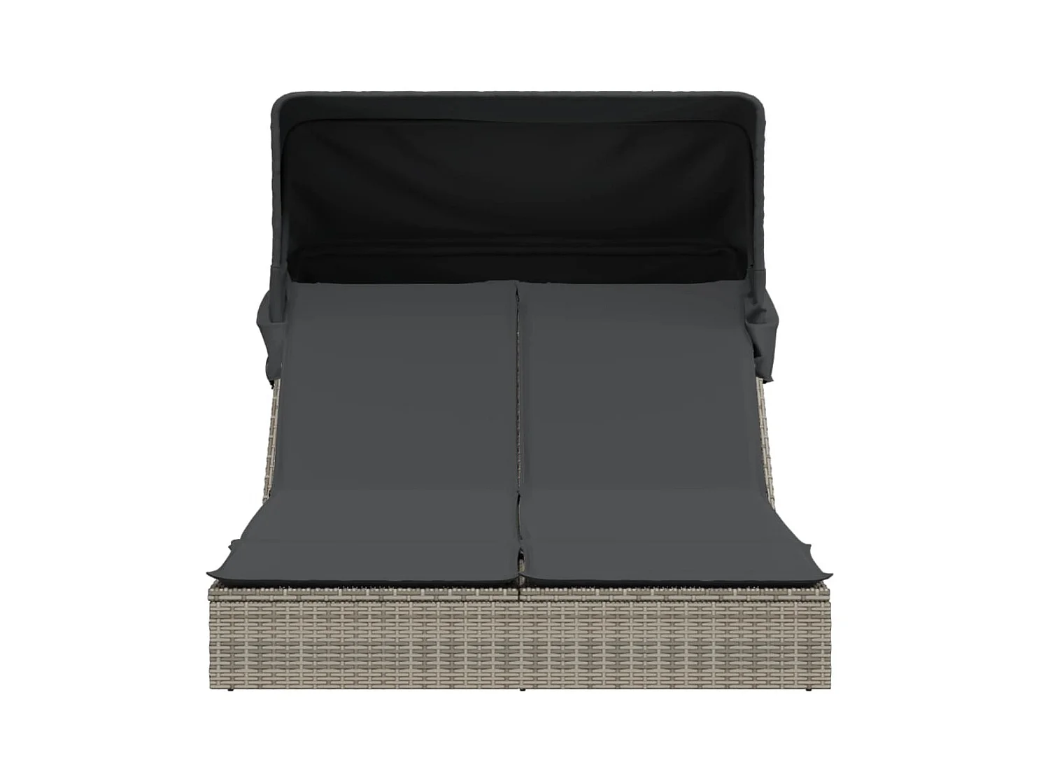 Dubbele chaise longue met zonnescherm en grijze kunsthars rieten kussens