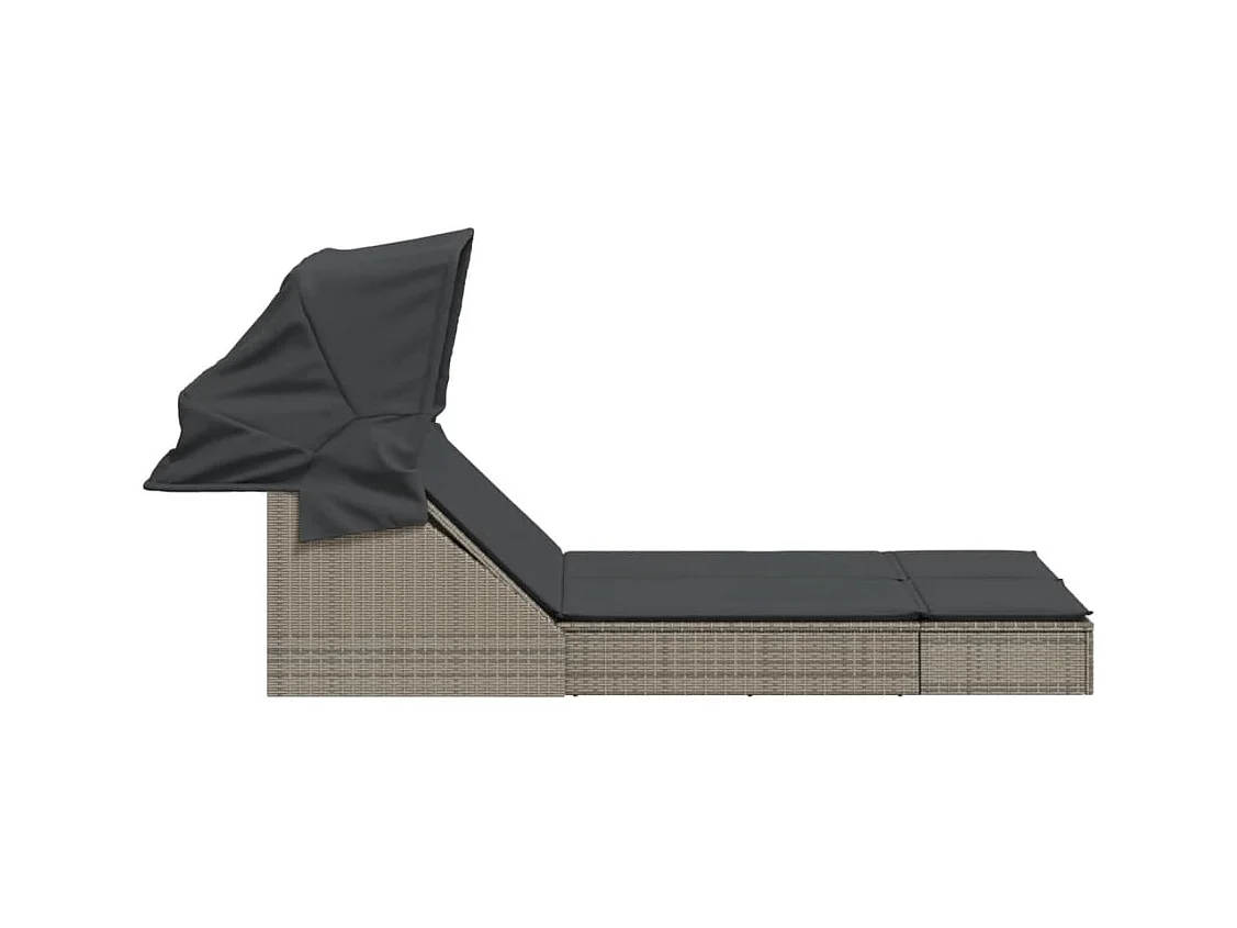 Dubbele chaise longue met zonnescherm en grijze kunsthars rieten kussens