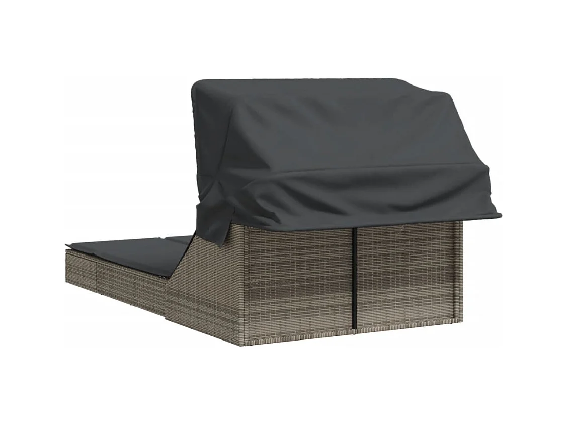 Dubbele chaise longue met zonnescherm en grijze kunsthars rieten kussens