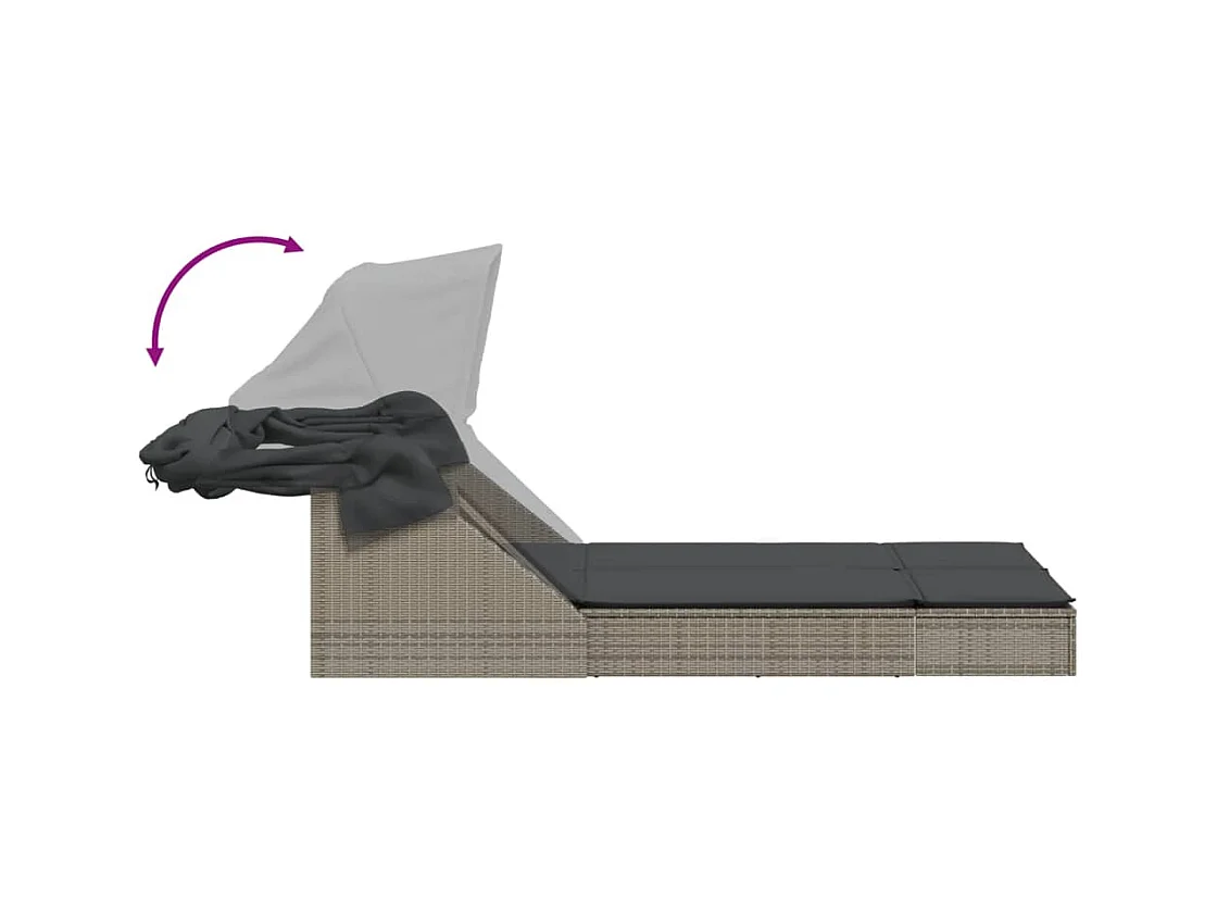Dubbele chaise longue met zonnescherm en grijze kunsthars rieten kussens