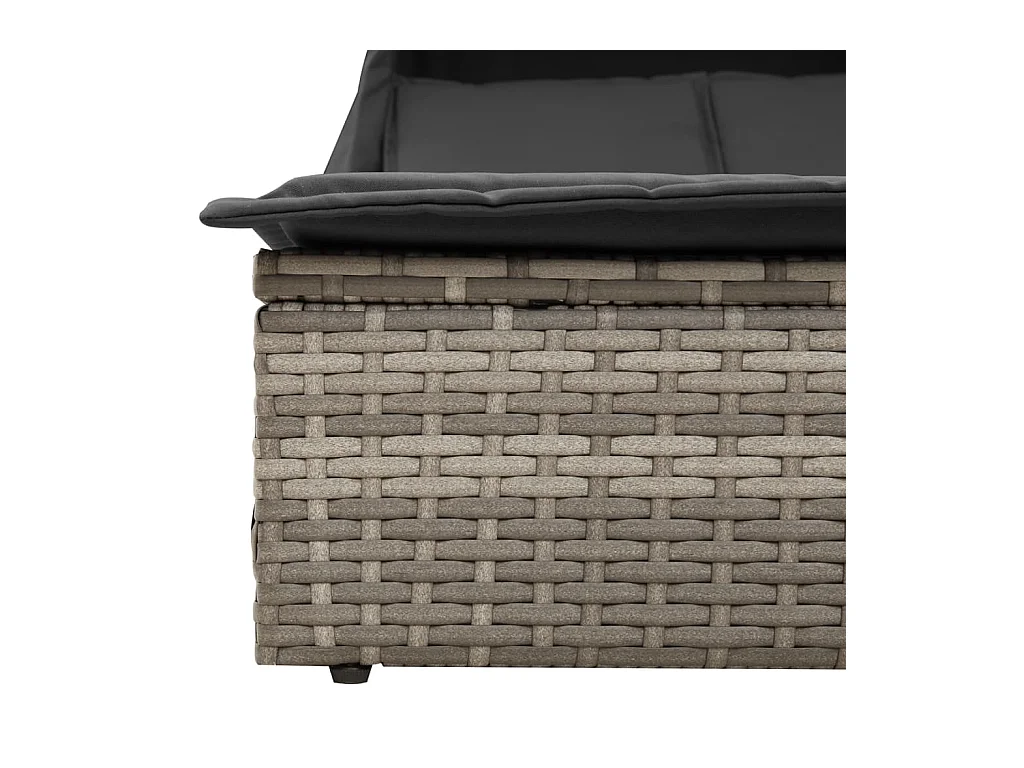 Dubbele chaise longue met zonnescherm en grijze kunsthars rieten kussens