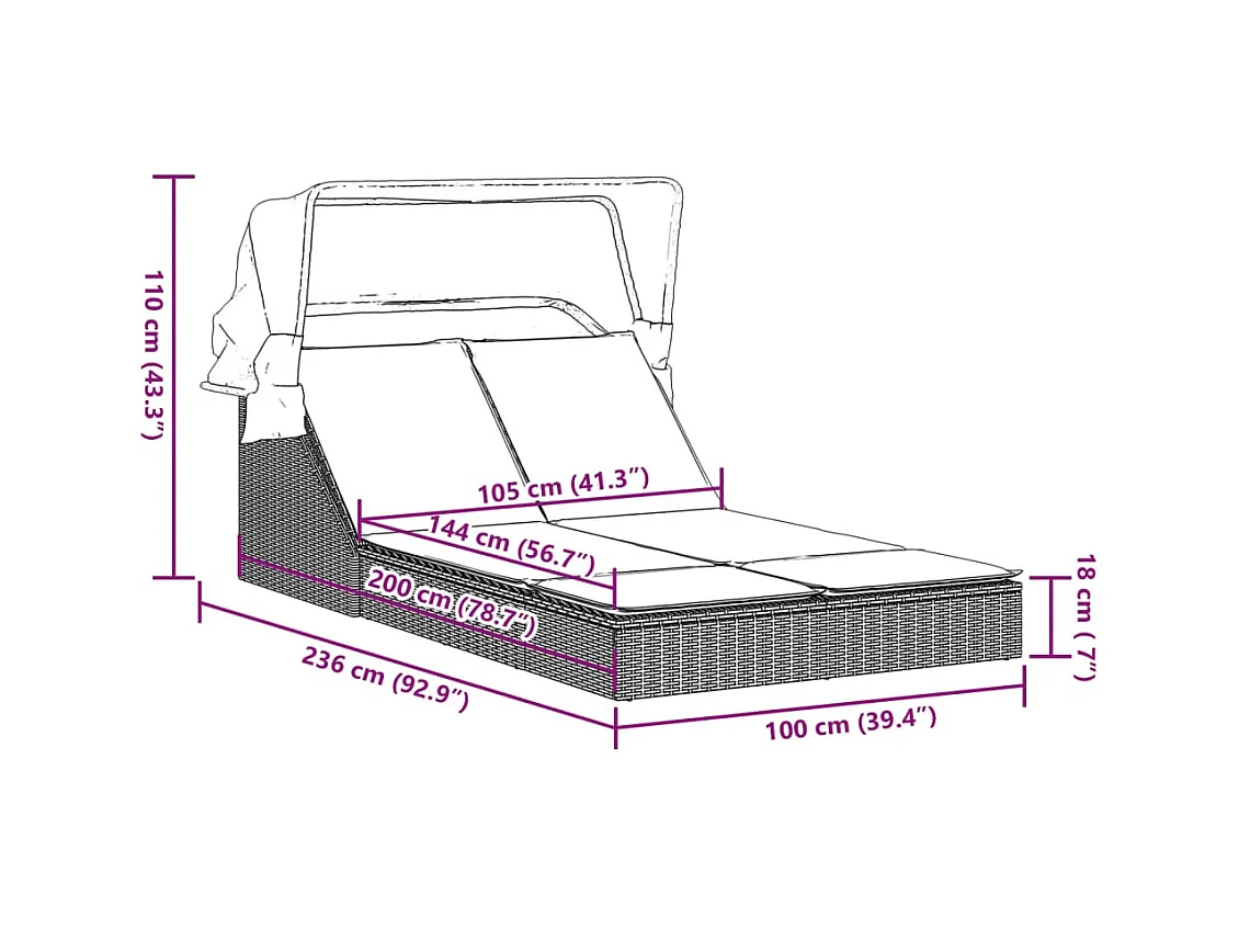 Dubbele chaise longue met zonnescherm en grijze kunsthars rieten kussens