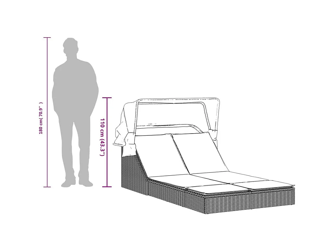 Dubbele chaise longue met zonnescherm en grijze kunsthars rieten kussens