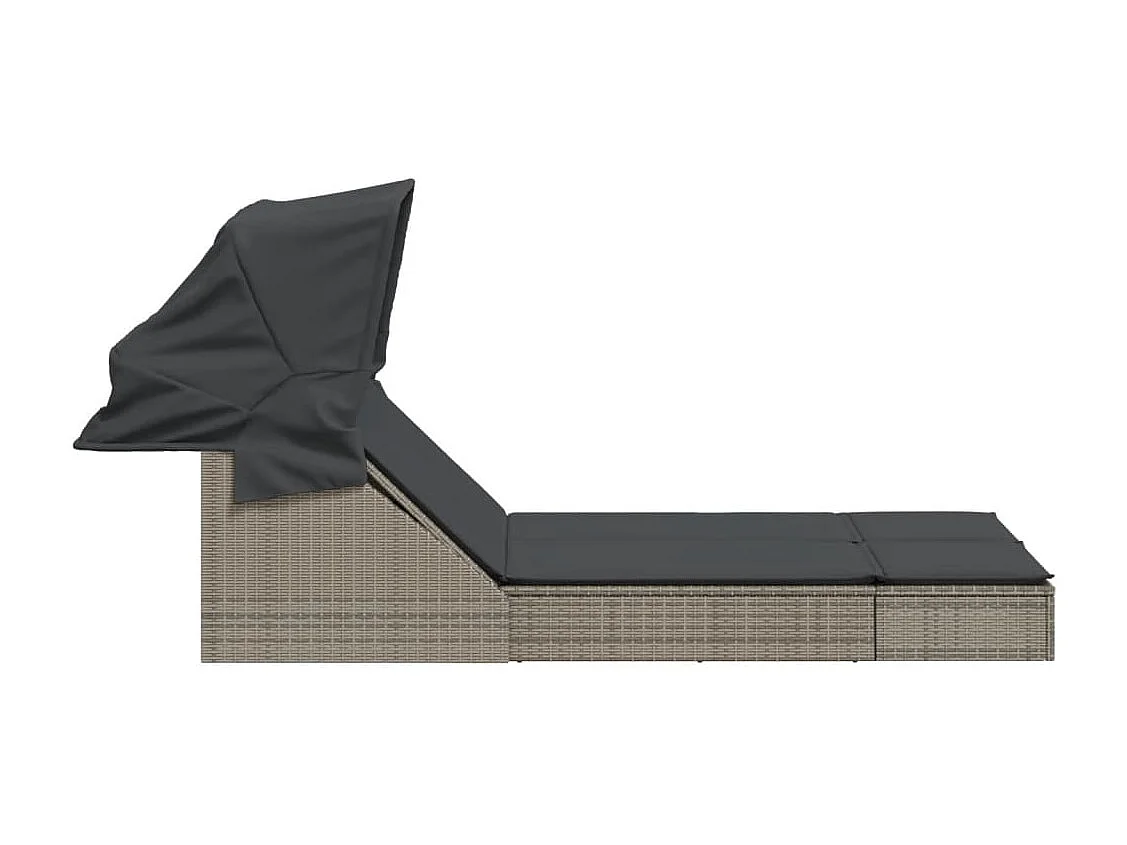 Doppelte Chaiselongue mit Markise und grauen Kissen aus Harzgeflecht