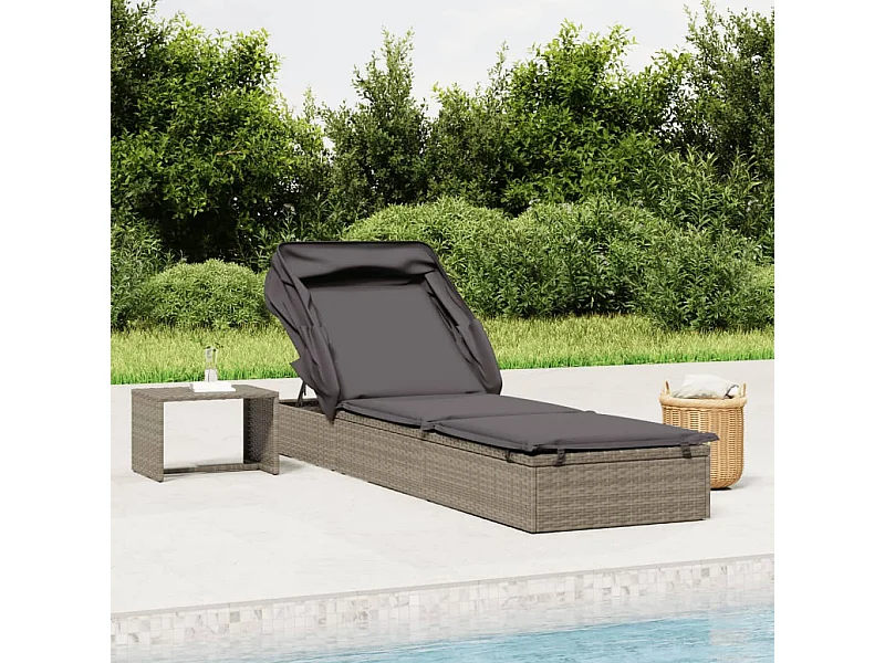 Sedia a sdraio con tetto pieghevole, grigio, 213x63x97 cm, resina intrecciata