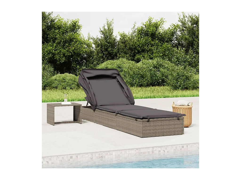 Sedia a sdraio con tetto pieghevole, grigio, 213x63x97 cm, resina intrecciata