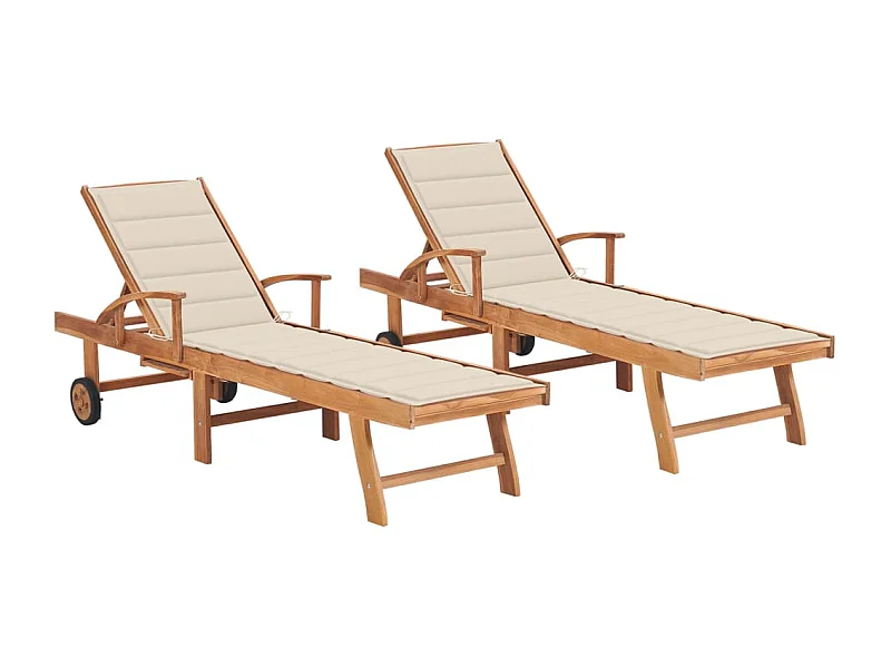 Chaises longues lot de 2 avec coussin crème Bois de teck solide