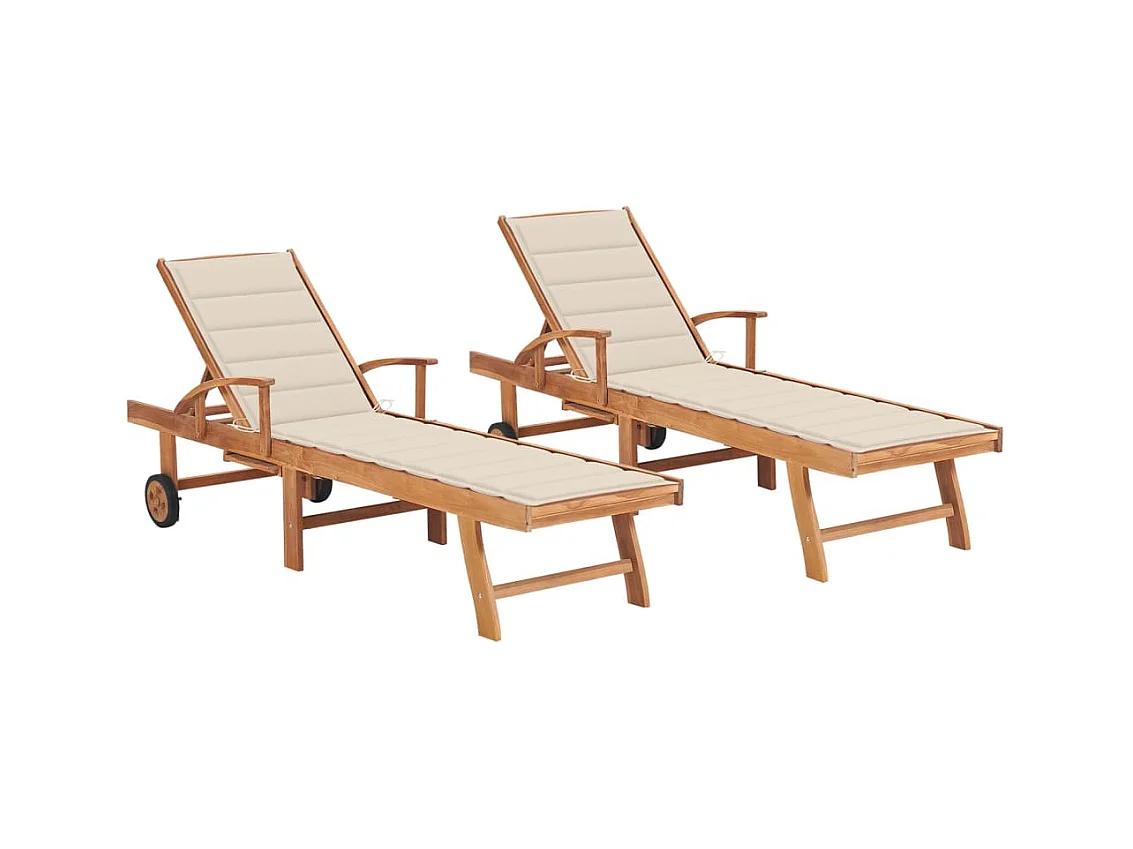 Chaises longues lot de 2 avec coussin crème Bois de teck solide