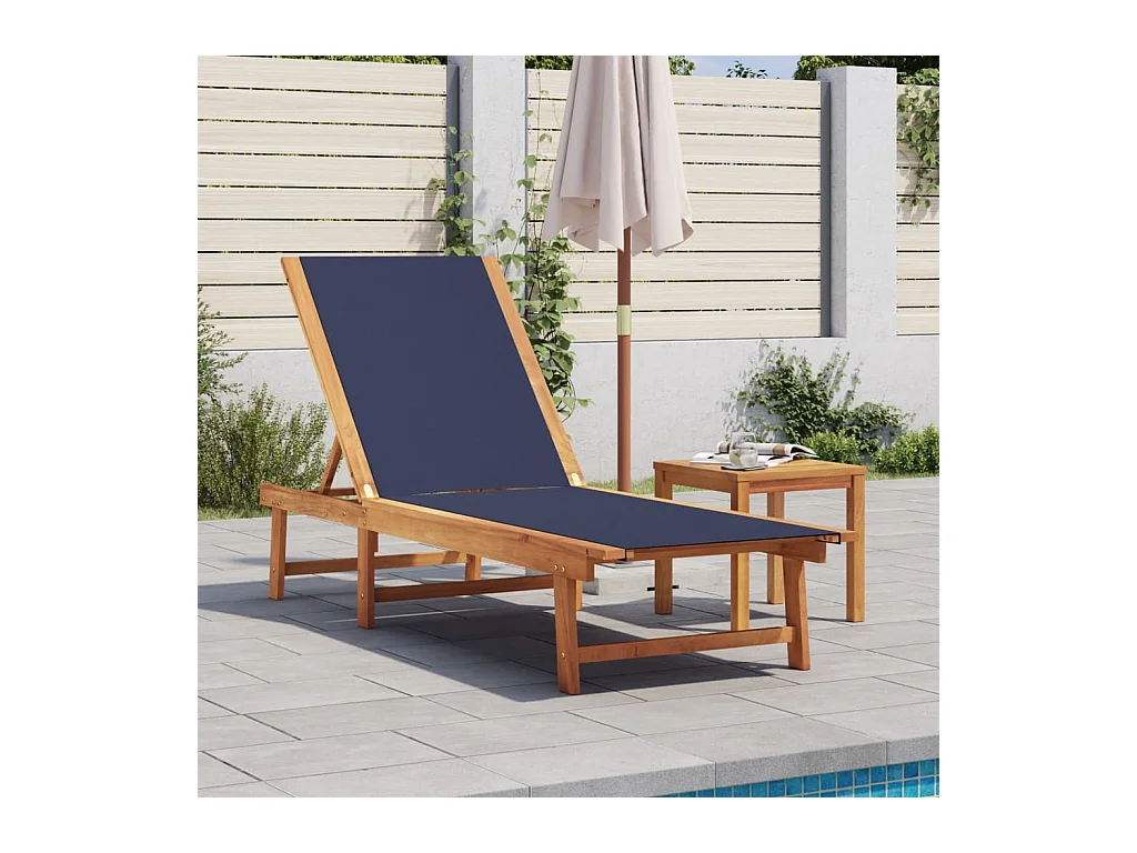 Blauwe chaise longue en tafel in massief acaciahout en textileen