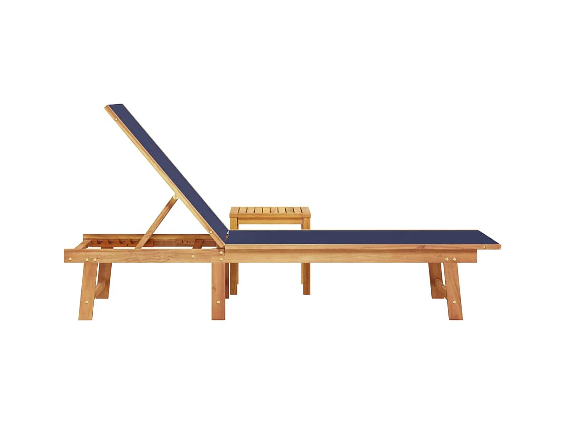 Blauwe chaise longue en tafel in massief acaciahout en textileen