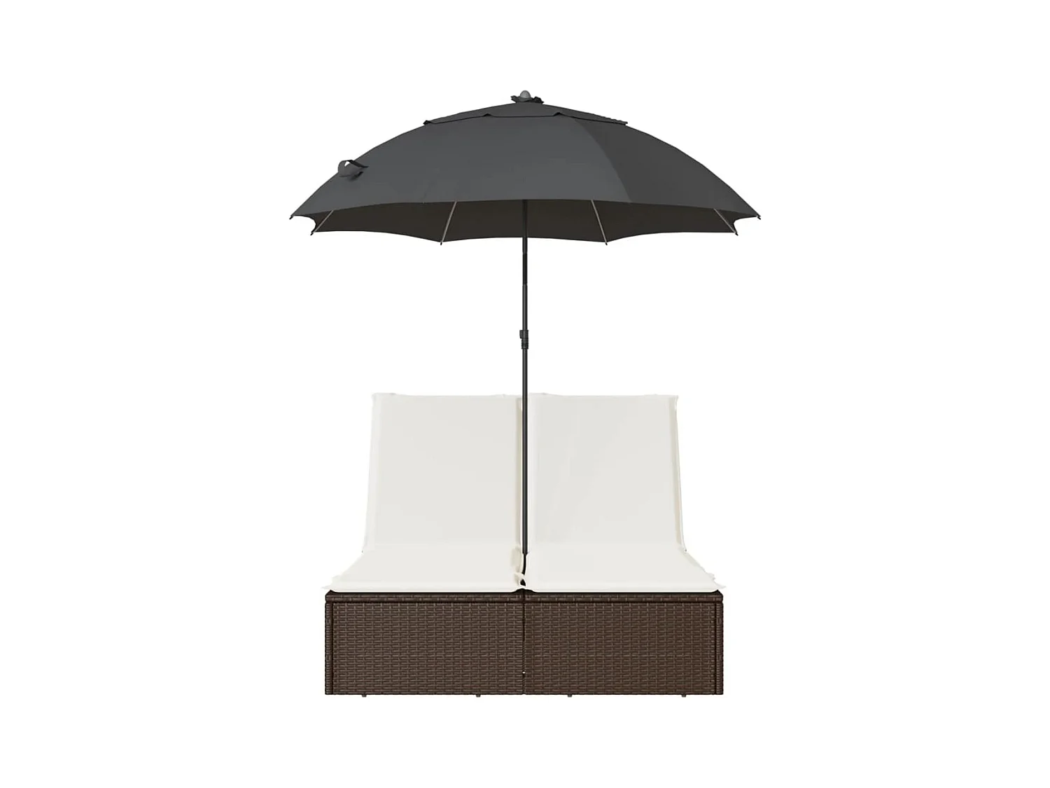 Dubbele loungestoel met kussens en bruine polyrotan parasol