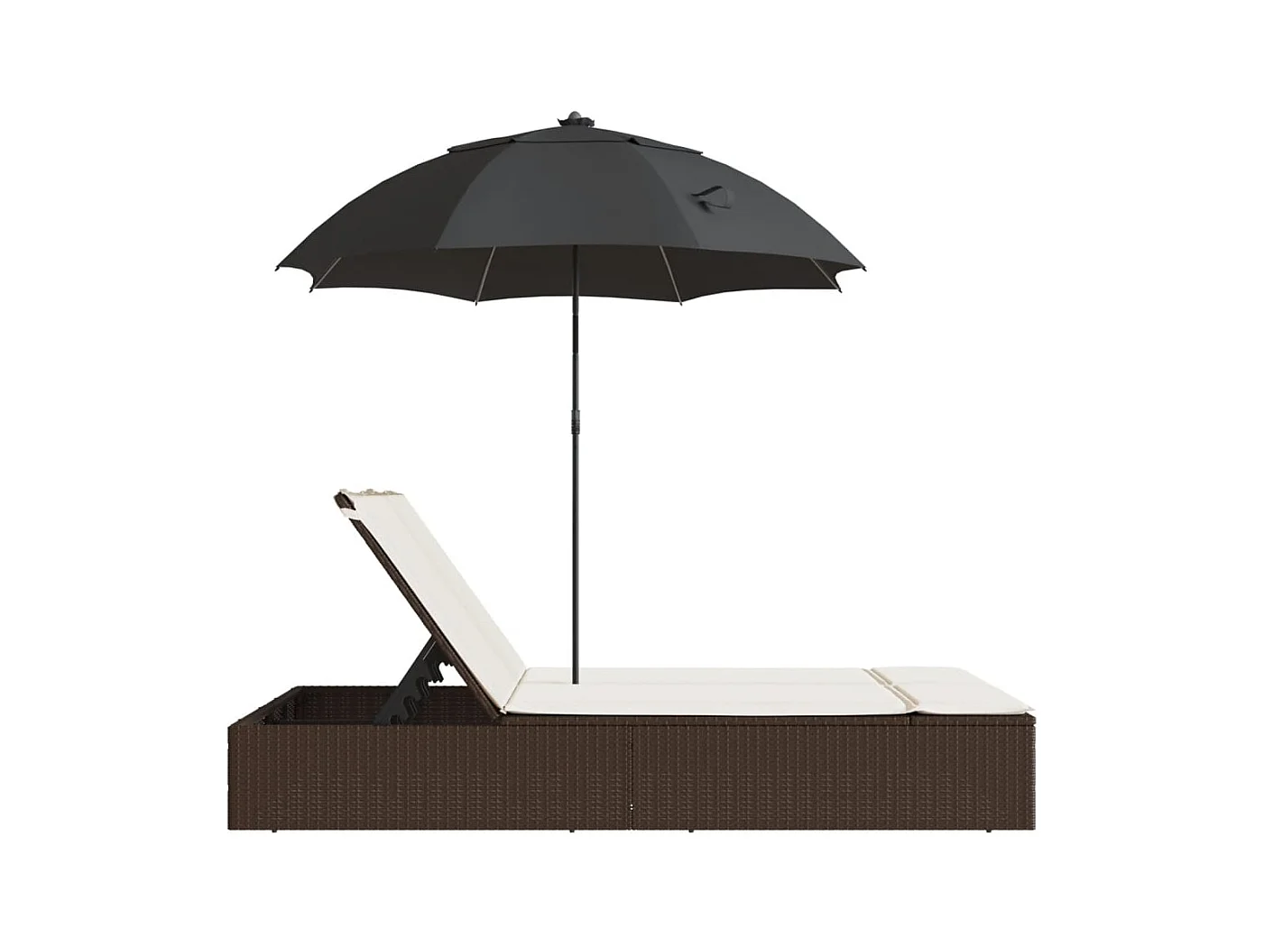 Dubbele loungestoel met kussens en bruine polyrotan parasol