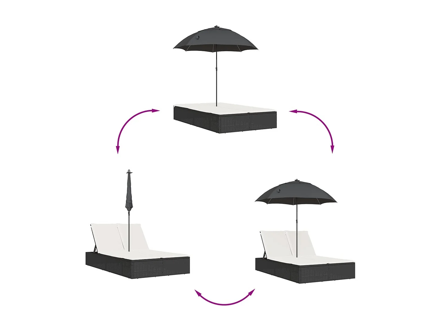 Dubbele loungestoel met kussens en bruine polyrotan parasol