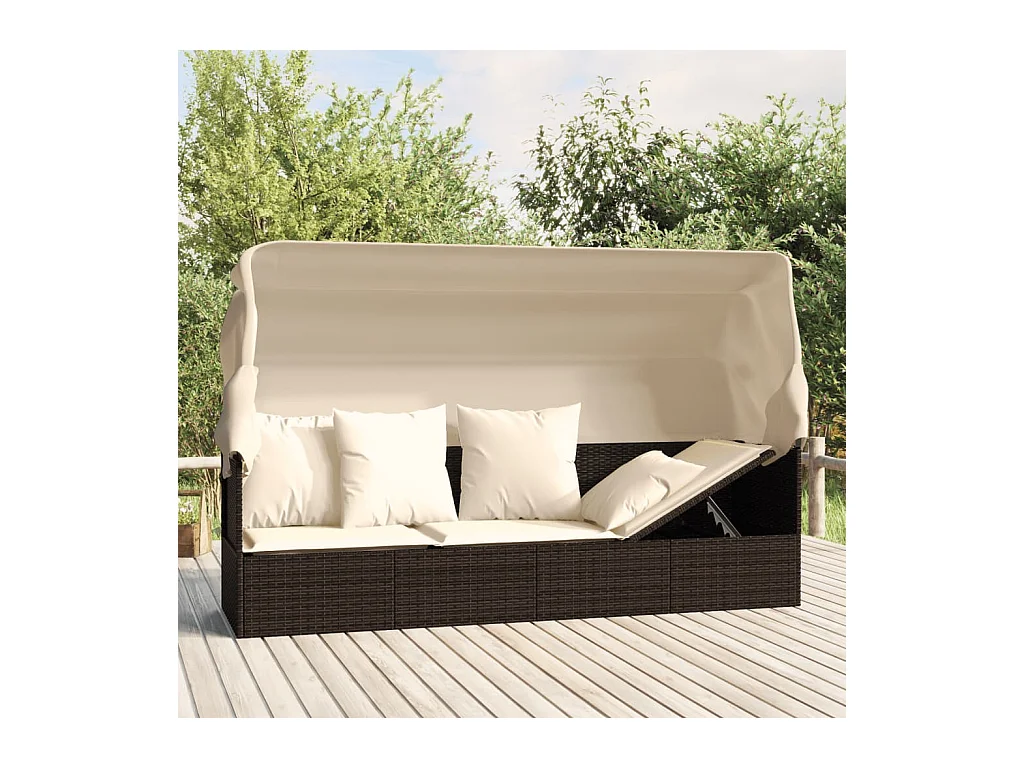 Lettino da esterno con tetto e cuscini in resina intrecciata marrone