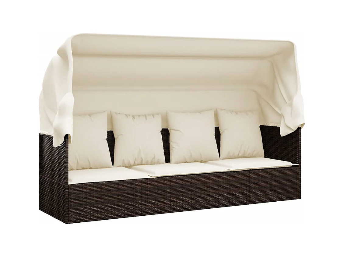 Lettino da esterno con tetto e cuscini in resina intrecciata marrone