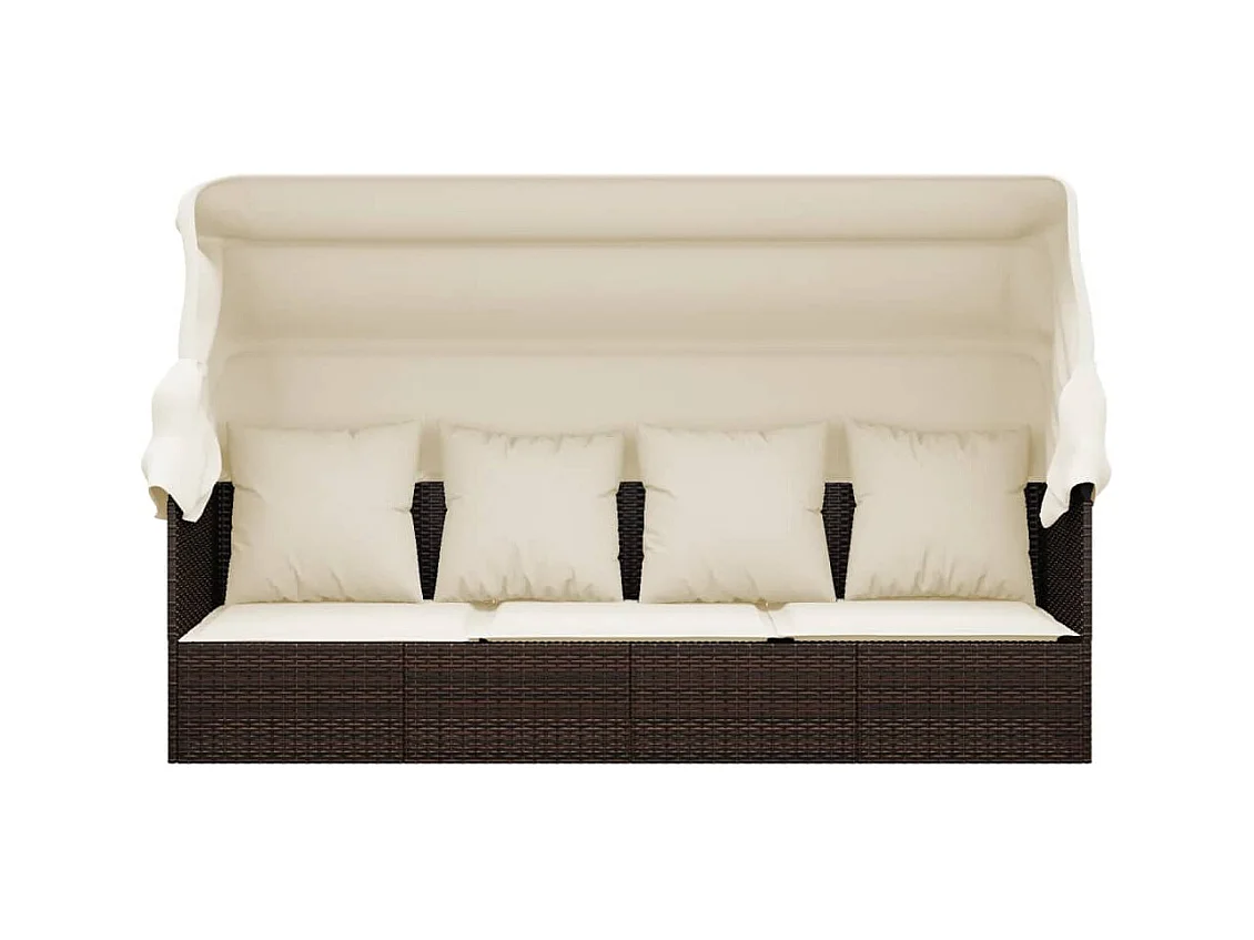 Lettino da esterno con tetto e cuscini in resina intrecciata marrone