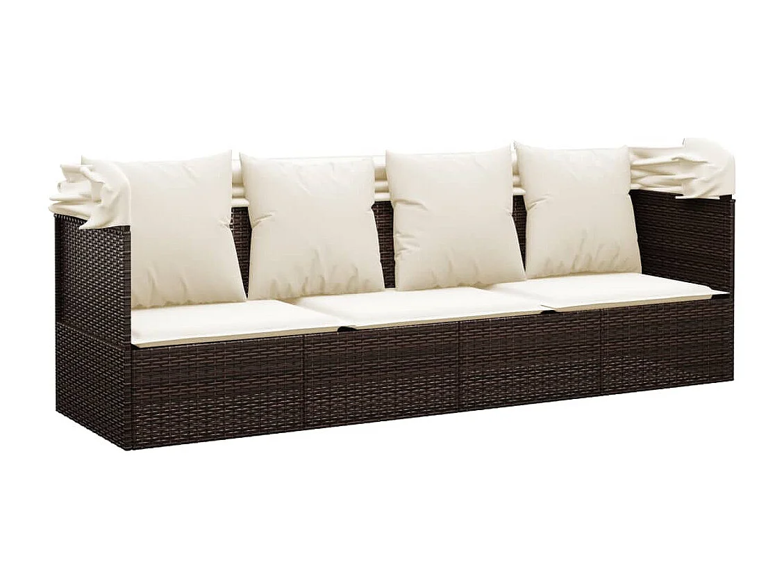 Lettino da esterno con tetto e cuscini in resina intrecciata marrone